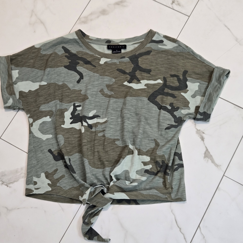 Sanctuary Green Camouflage Tie-Front Roll Sleeve Shirt Women’s Size S